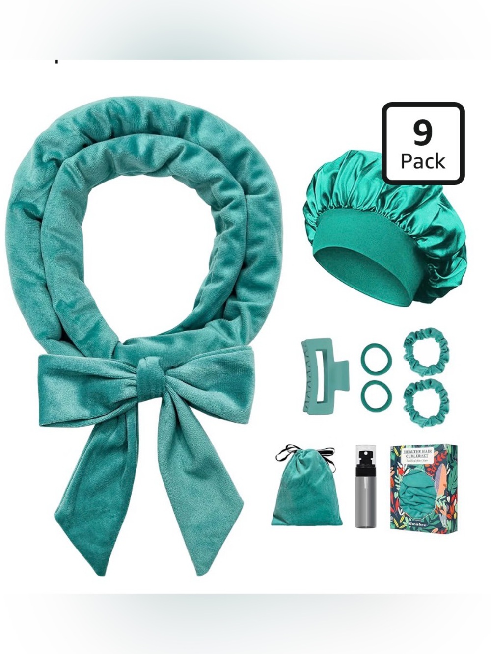 Teal Heatless Hair Curl Set with Bow Headband and Satin Bonnet